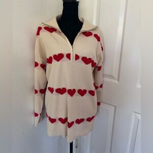 Heart Patterned Cream and Red Women's Quarter Zip Pullover Sweater
